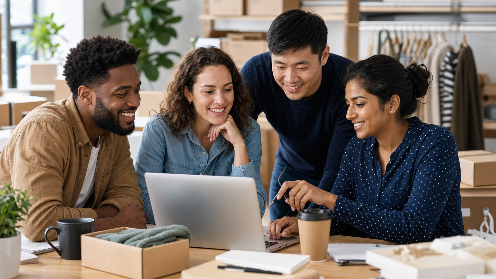 Diverse e-commerce team reviewing listing software on a laptop together.