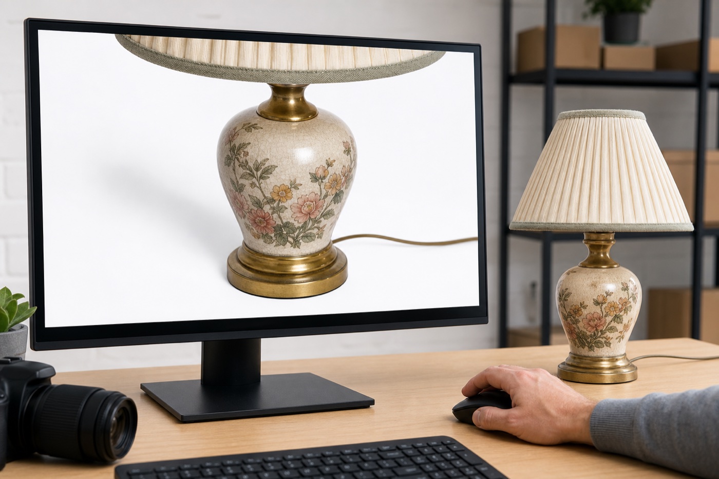 Seller comparing a vintage lamp with its background-removed photo at high zoom