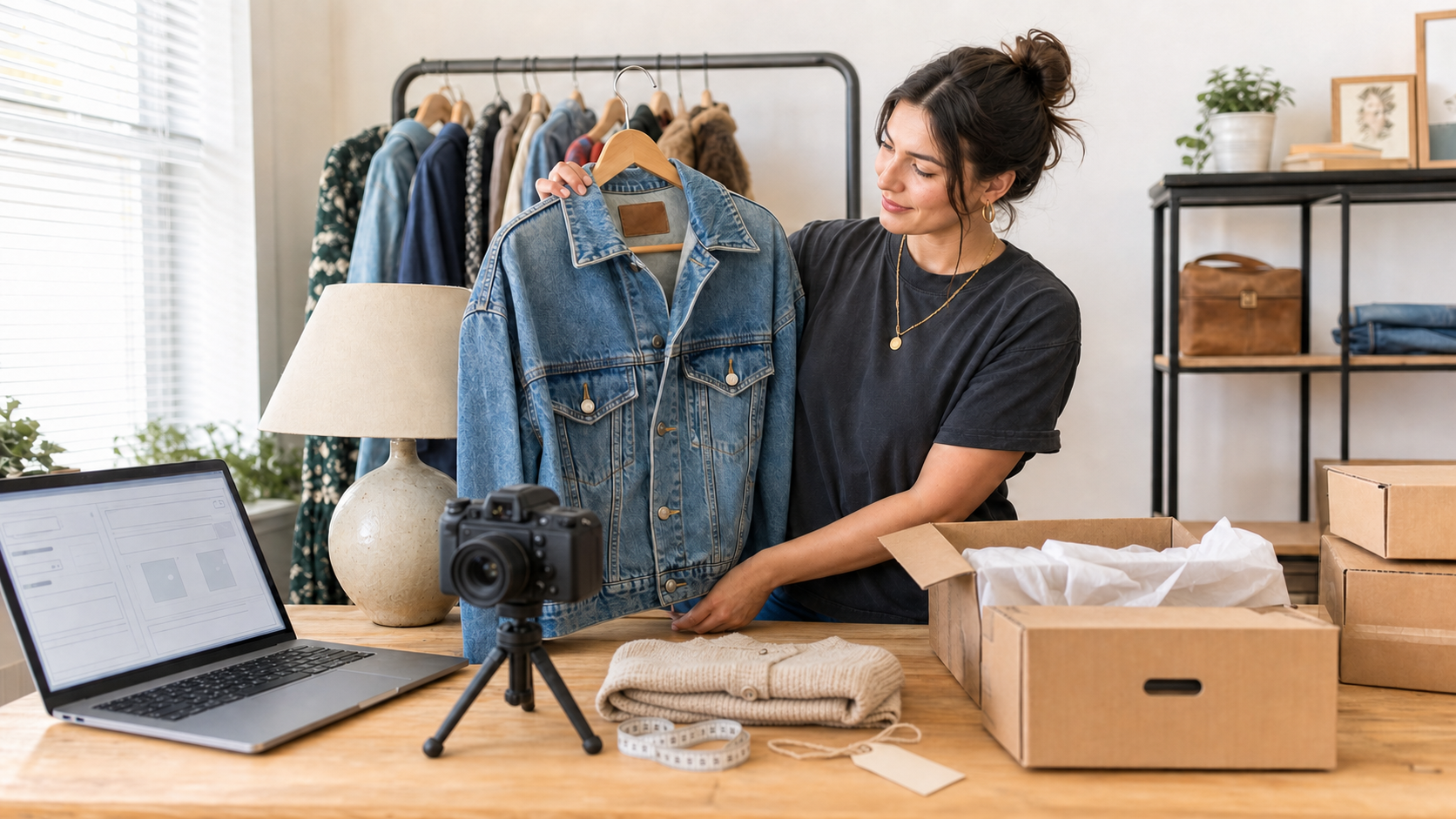 eBay reseller photographing a thrifted denim jacket beside a laptop and resale inventory