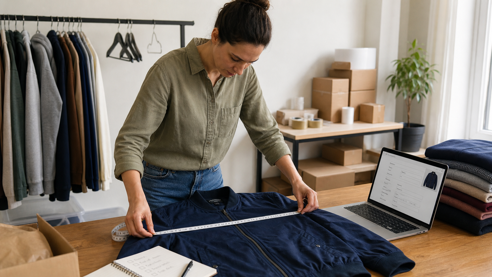 Seller measuring a navy jacket while preparing eBay clothing item specifics