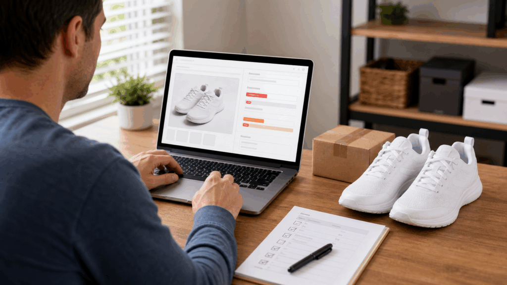 Reseller reviewing risk highlights in a listing draft beside one pair of unbranded white athletic shoes