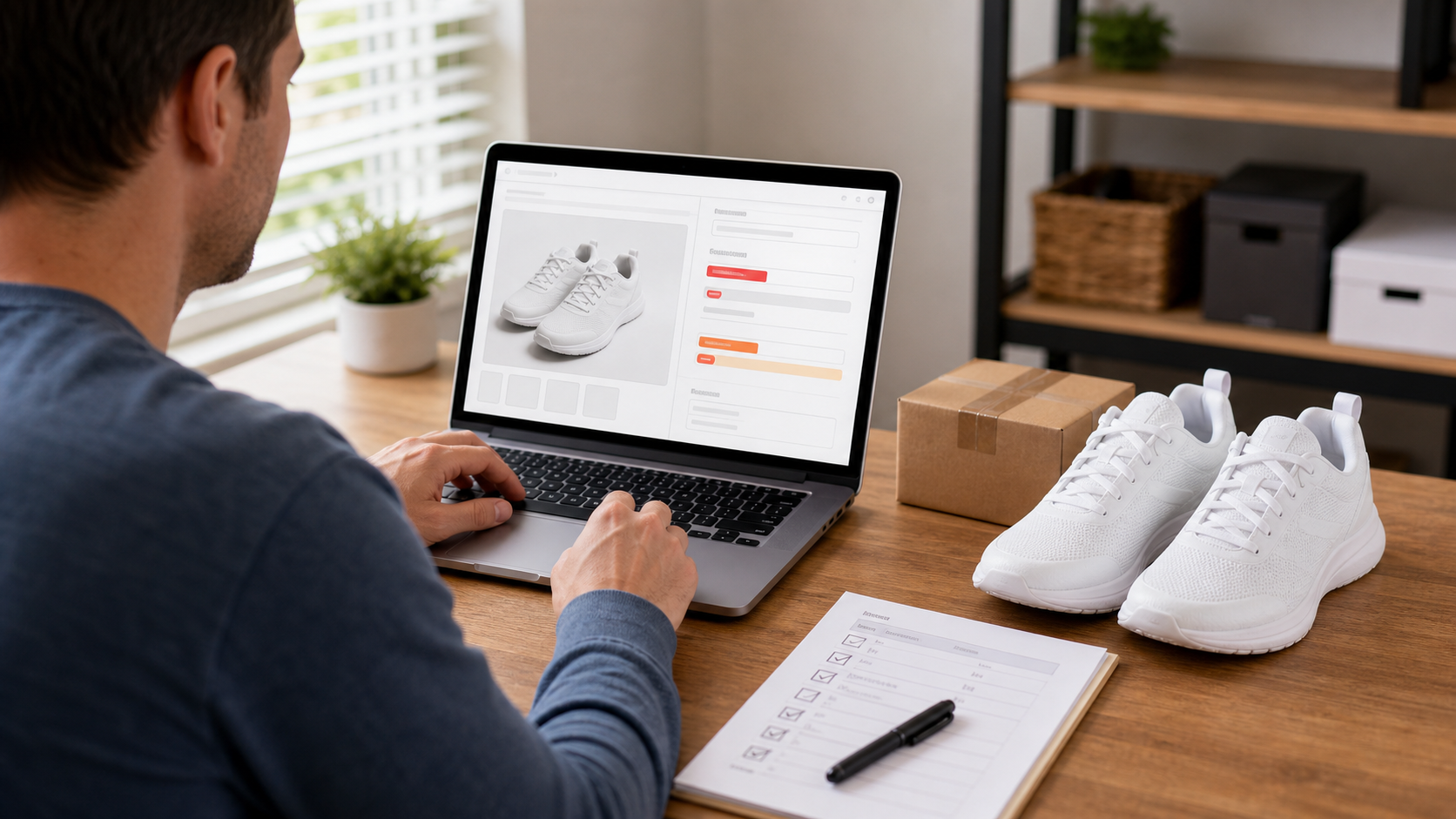 Reseller reviewing risk highlights in a listing draft beside one pair of unbranded white athletic shoes