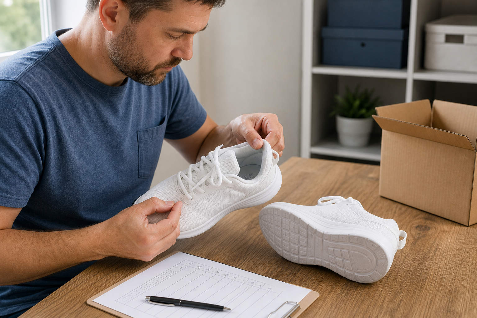 Seller inspecting the size label, stitching, and outsole of unbranded white athletic shoes