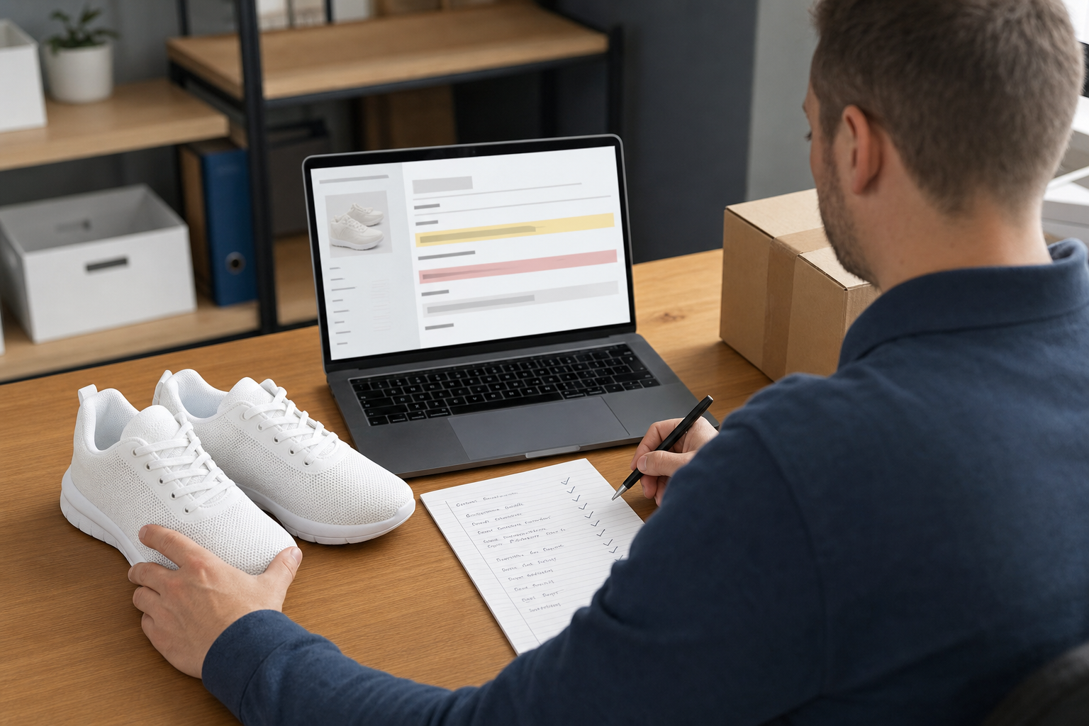 Seller comparing an eBay listing draft with unbranded white shoes and a verified-facts checklist