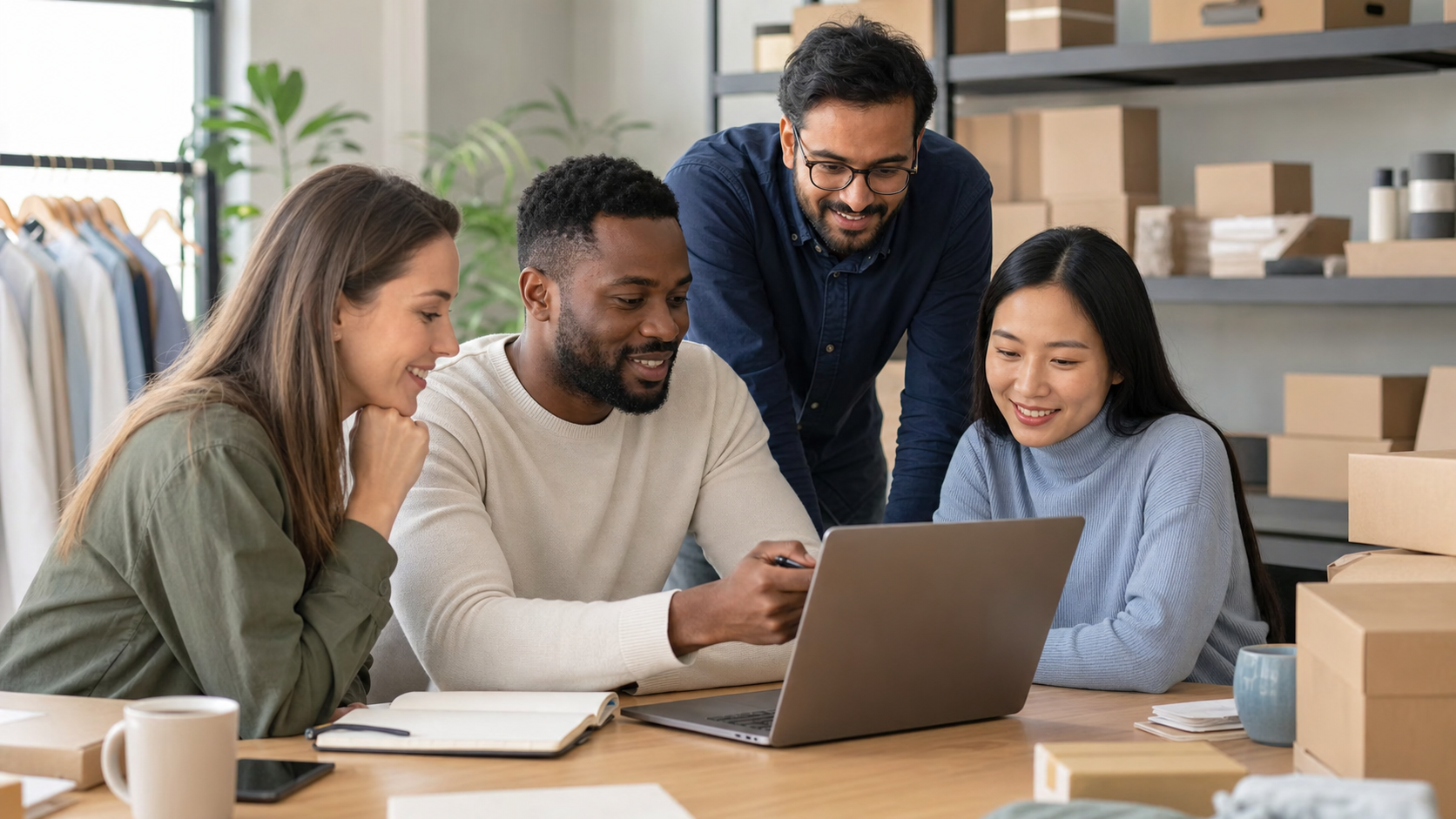 Diverse e-commerce team reviewing listing software on a laptop.