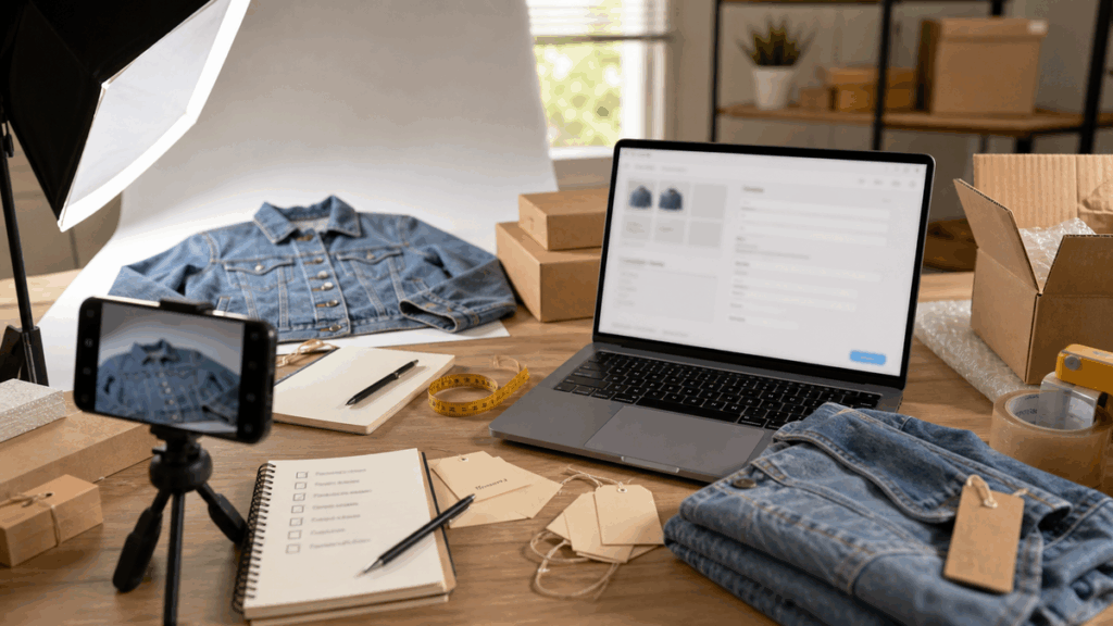 eBay reseller workspace with product photos, denim jacket, laptop listing draft, and shipping supplies.