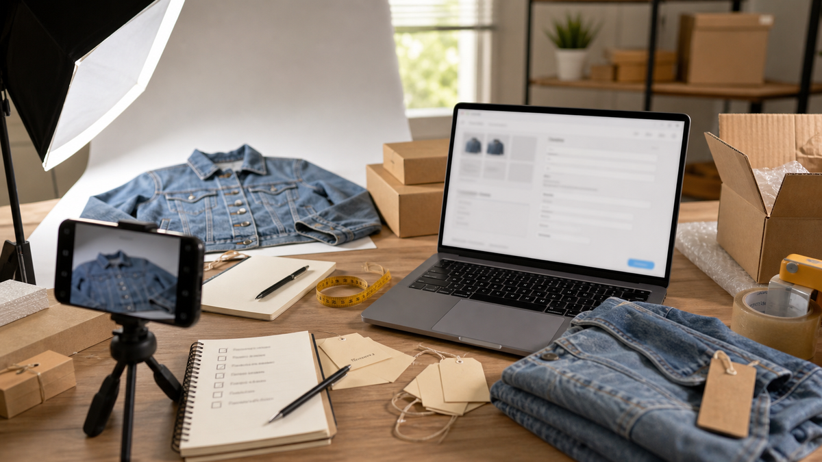 eBay reseller workspace with product photos, denim jacket, laptop listing draft, and shipping supplies.