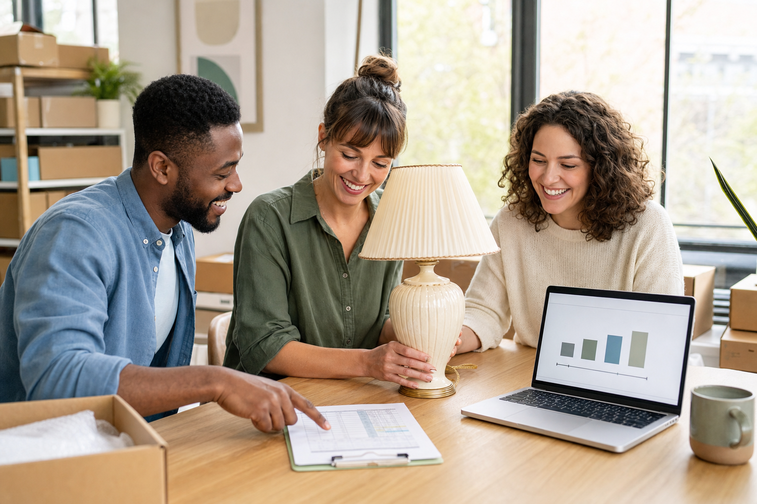 Three happy resale teammates reviewing a table lamp price and worksheet in a bright office