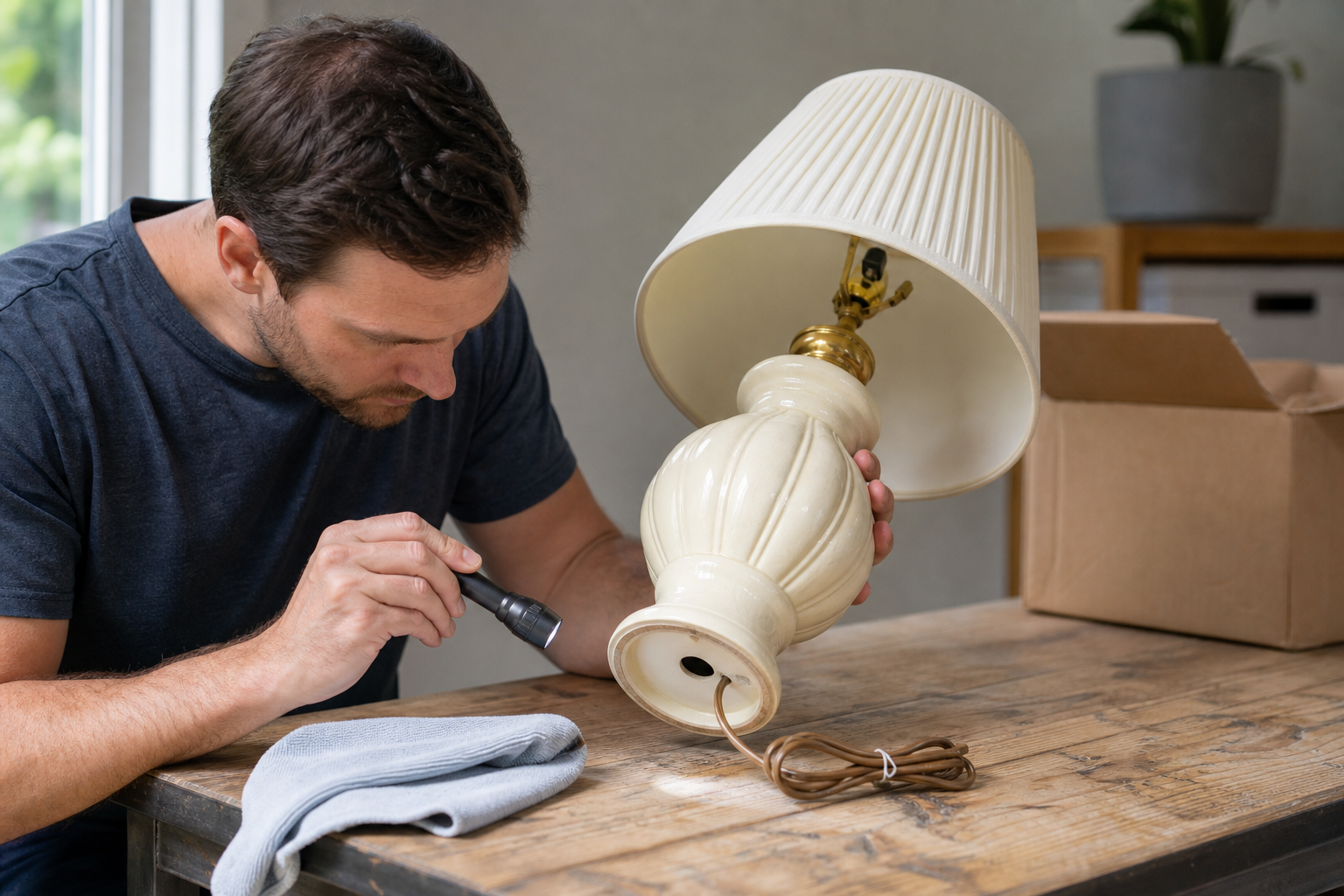 Reseller inspecting the base and cord of a vintage cream ceramic table lamp