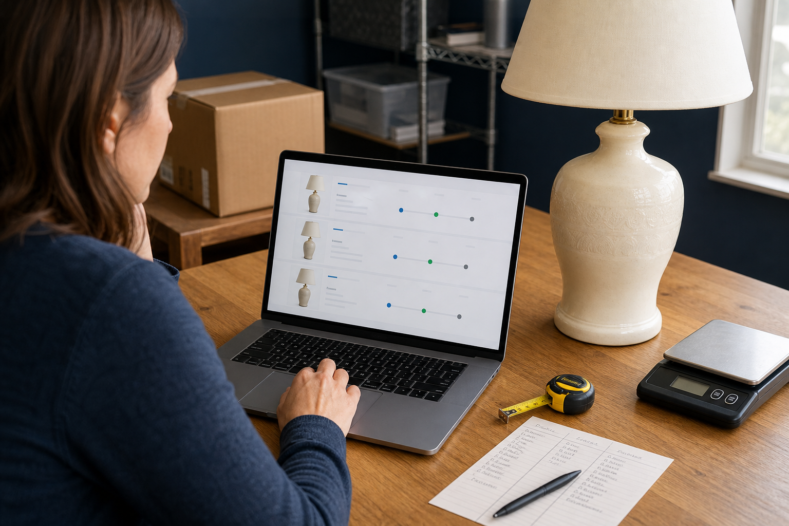 Seller comparing completed-sale evidence for a vintage table lamp beside a scale and tape measure