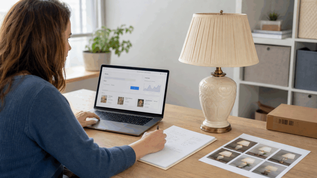 Reseller reviewing a price suggestion and sold comparables for one vintage ceramic table lamp