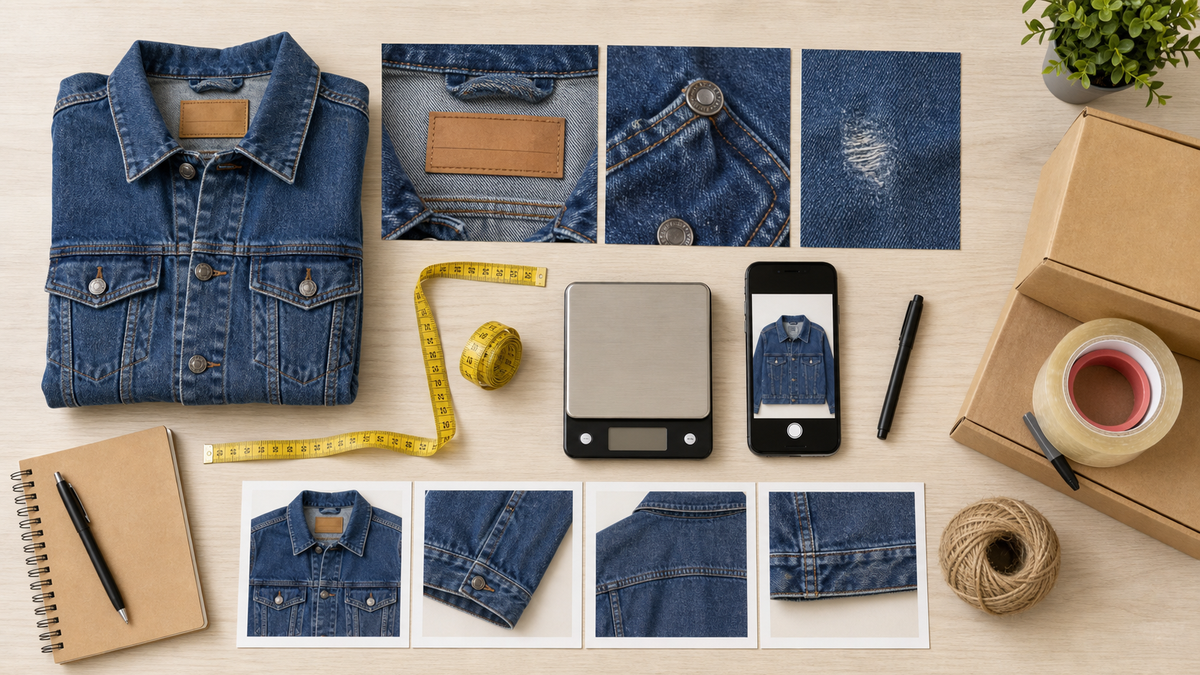 Flat lay of denim jacket product photos, tag close-ups, measurements, defect photo, scale, and shipping supplies.