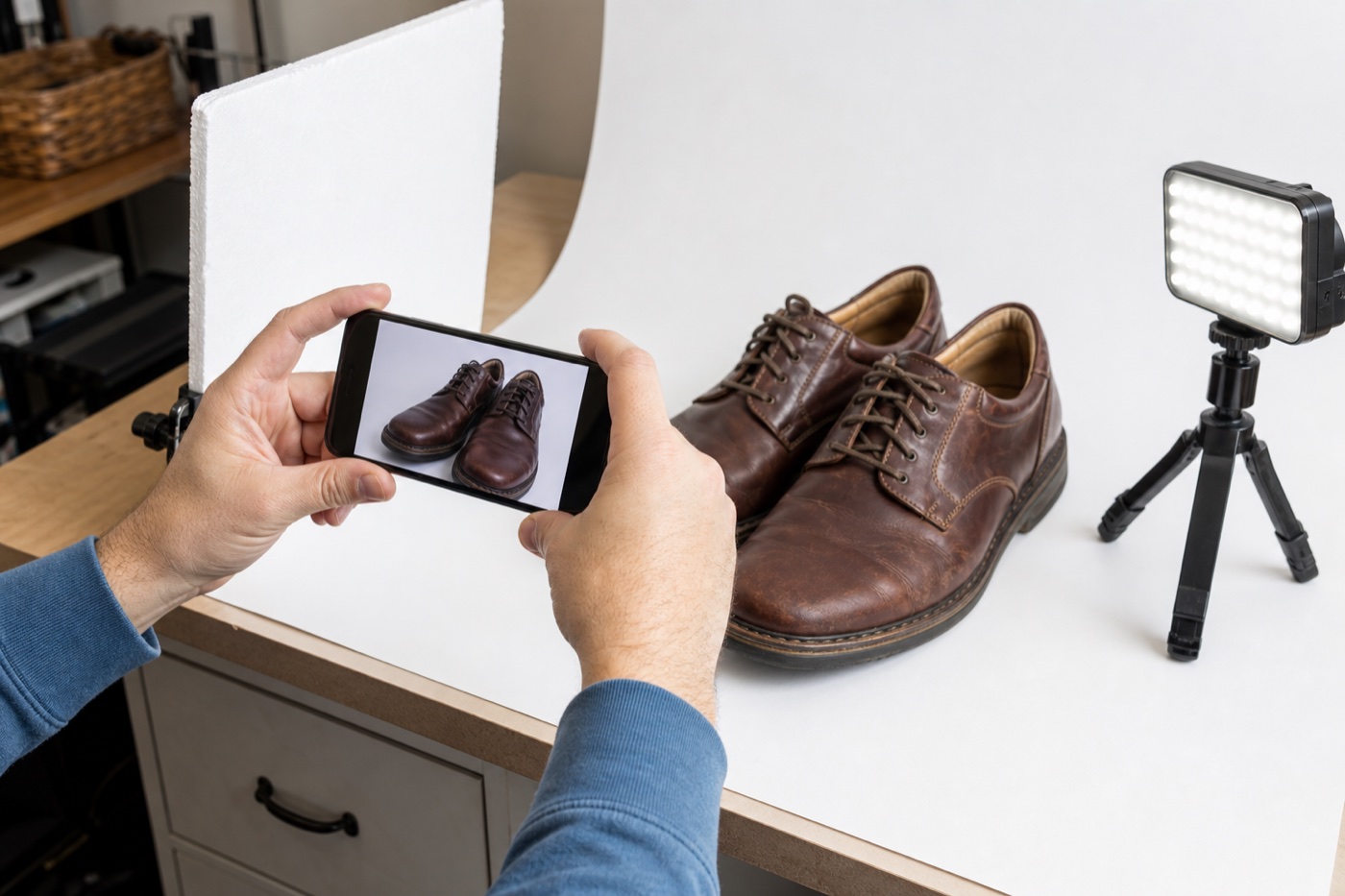 Seller photographing used leather shoes on a white sweep with even lighting