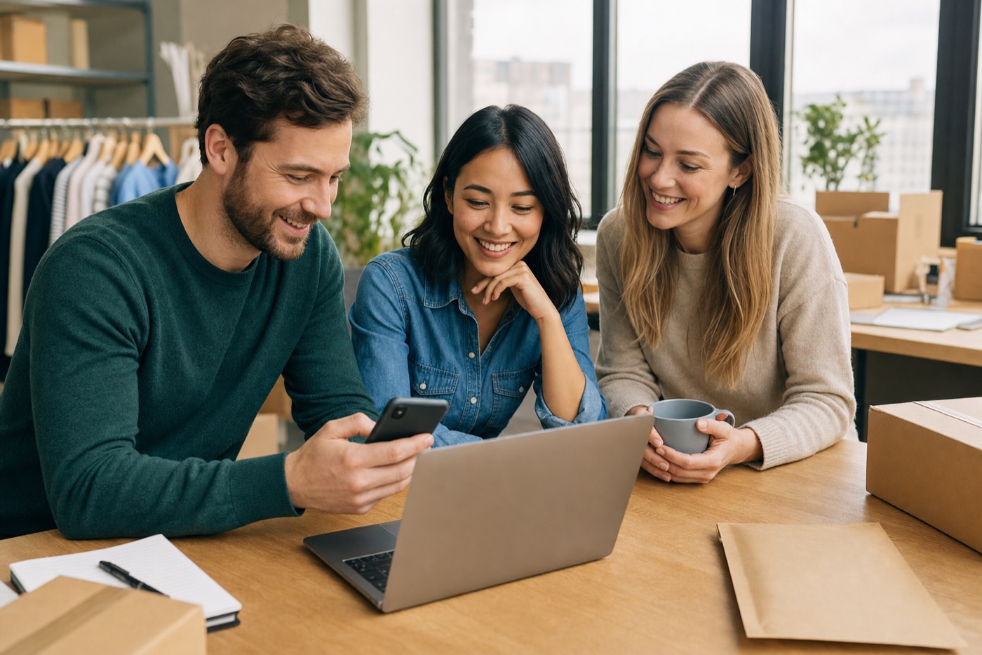 Three happy online resellers reviewing listing photos together in a bright office