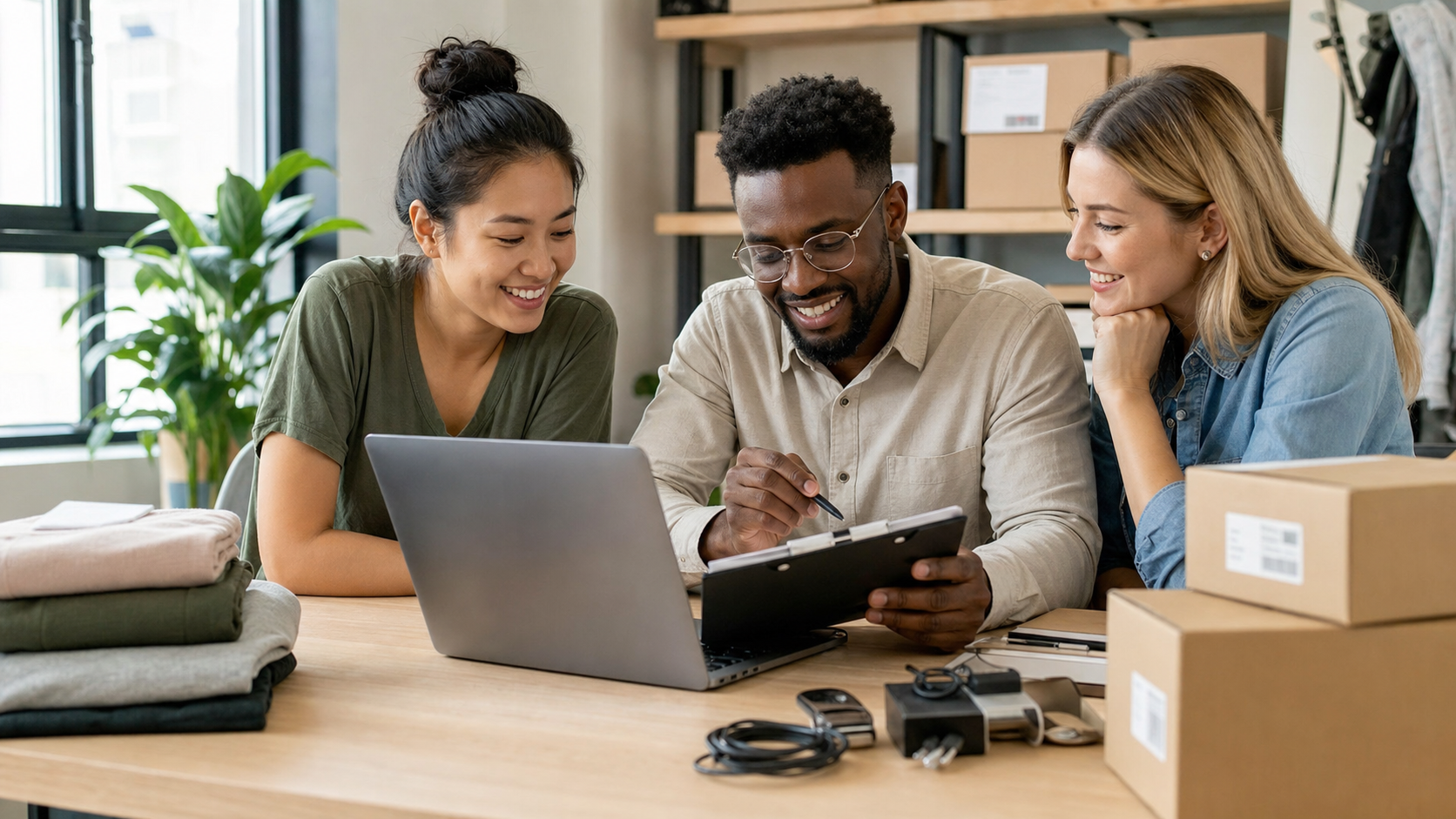 Three ecommerce team members happily reviewing eBay item specifics before publishing listings