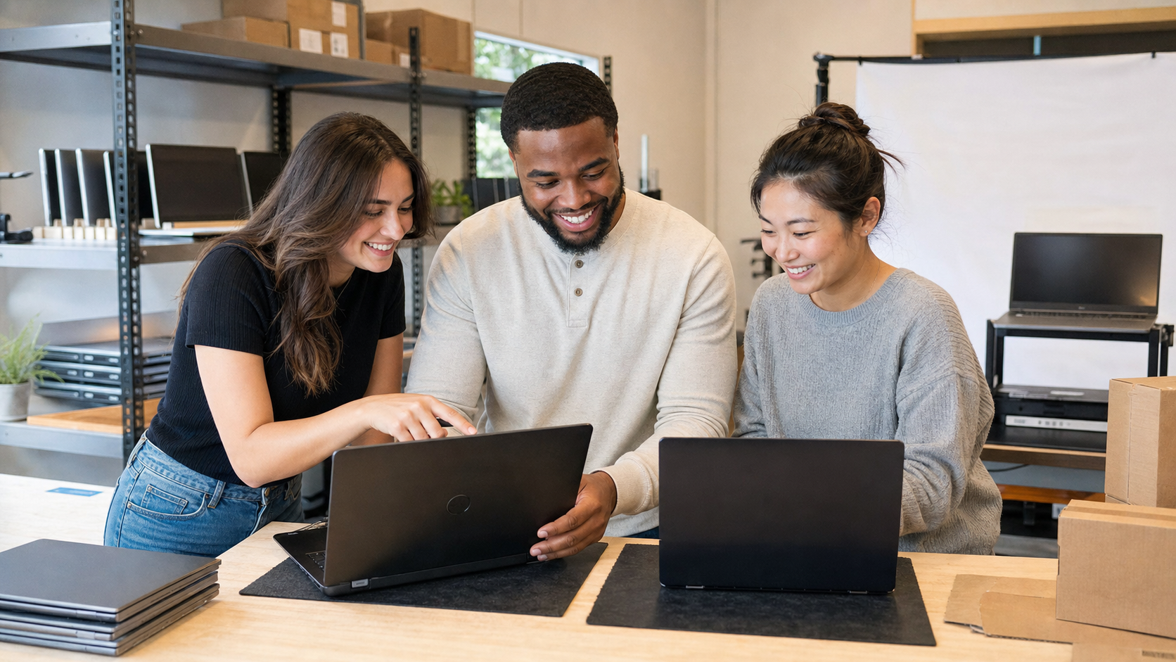 Three happy used-electronics teammates reviewing an eBay laptop description in a bright office