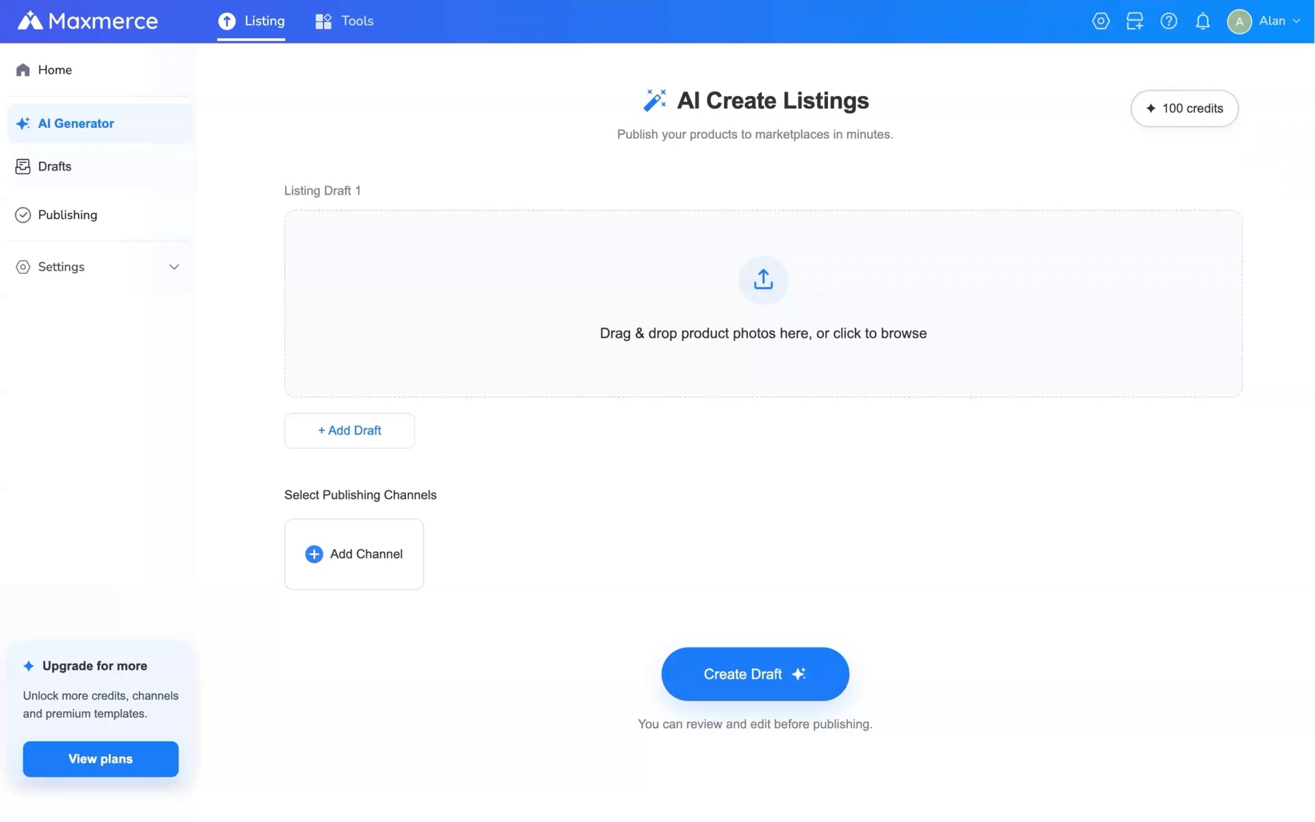 Maxmerce AI Create Listings screen for uploading product photos and creating an editable draft
