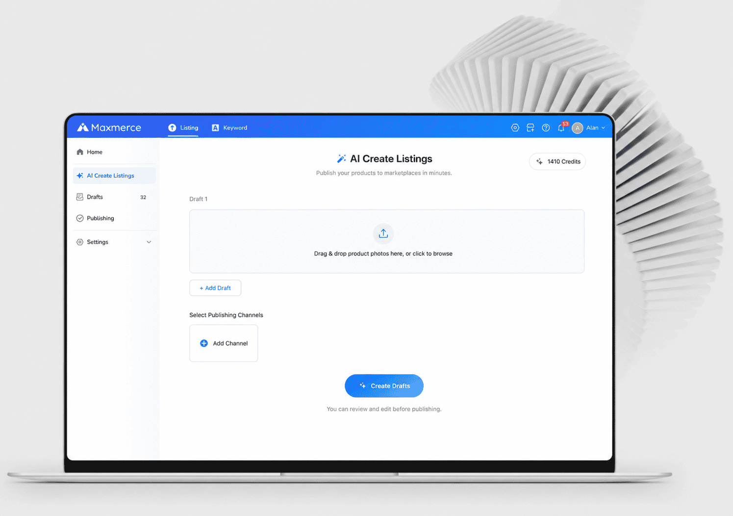 Maxmerce AI Create Listings screen with product photo upload and draft creation controls