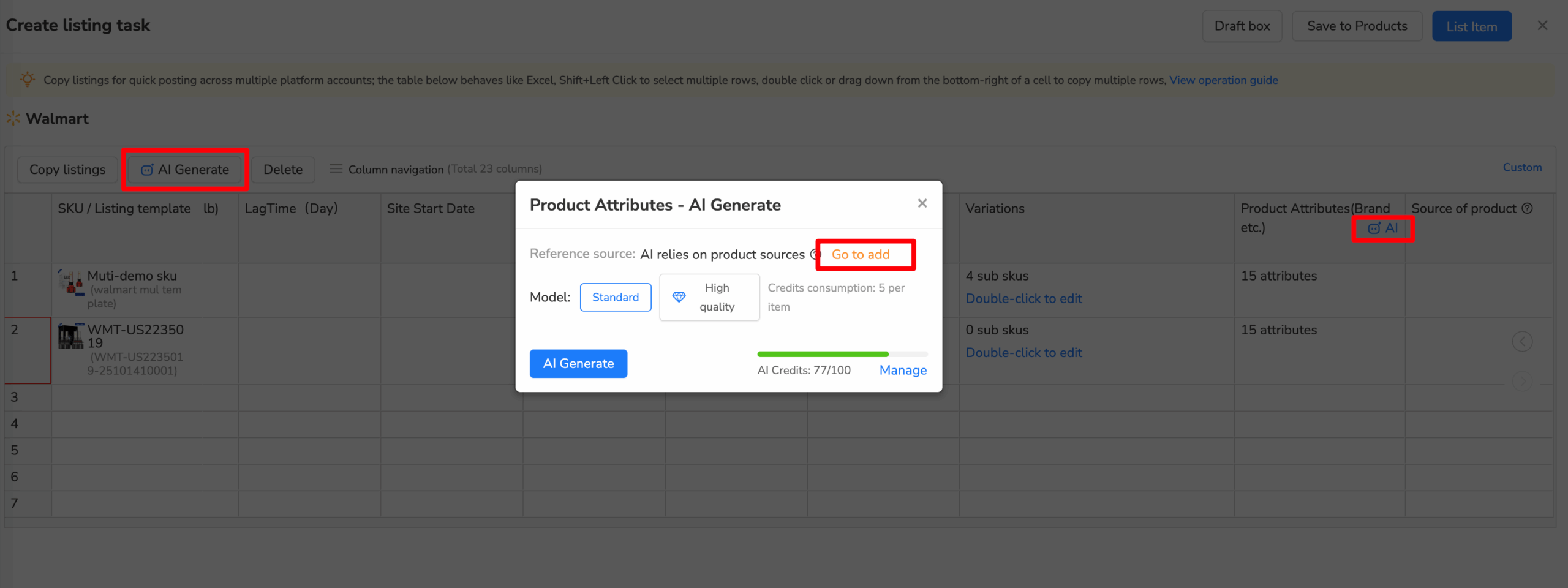 Maxmerce listing task table with an AI button for product attributes