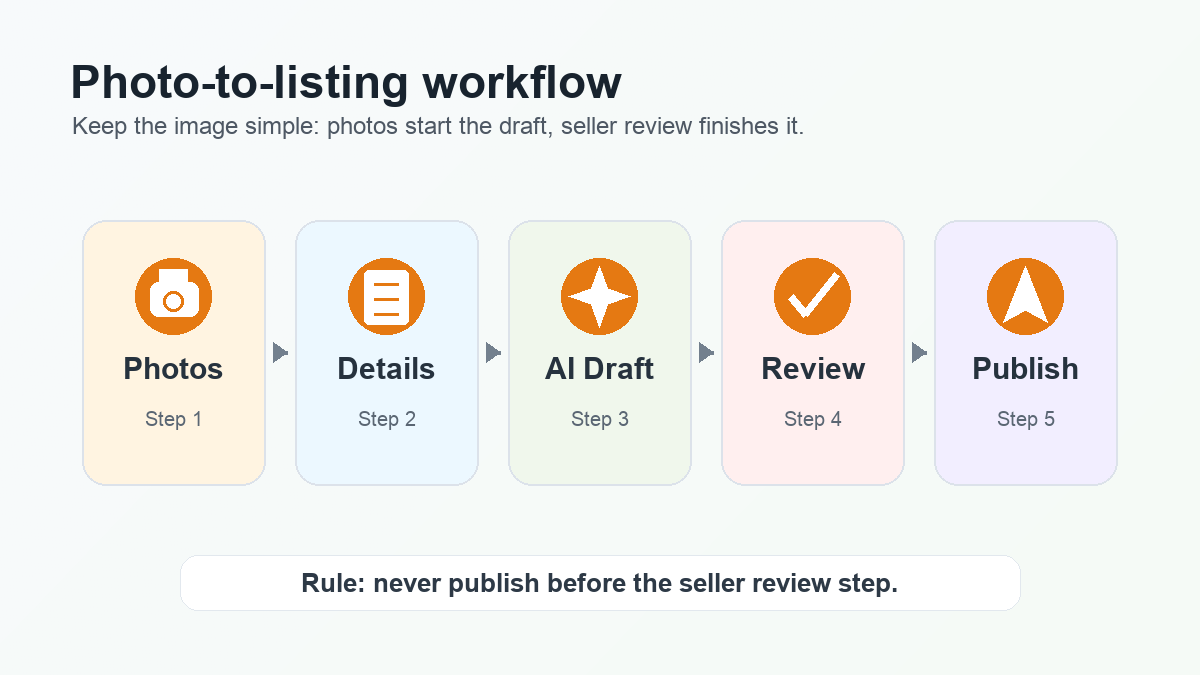 Five-step photo-to-listing workflow for eBay sellers.