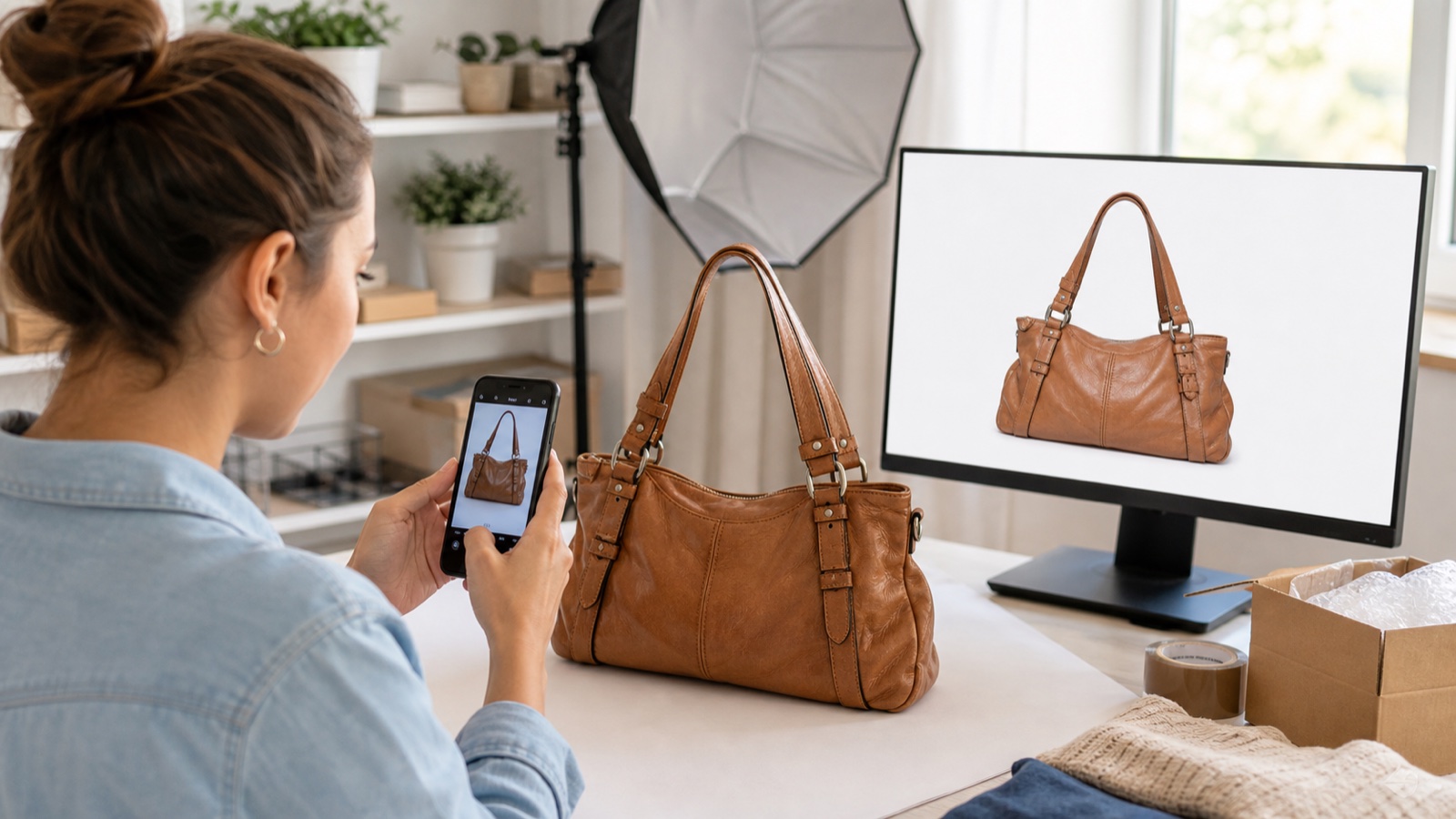 Seller photographing a leather bag while reviewing a clean white-background product image on a monitor