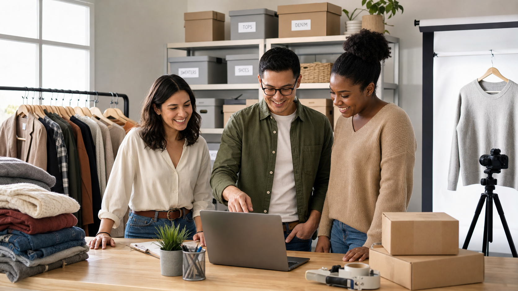 Three happy resale teammates reviewing eBay listing drafts in a bright office