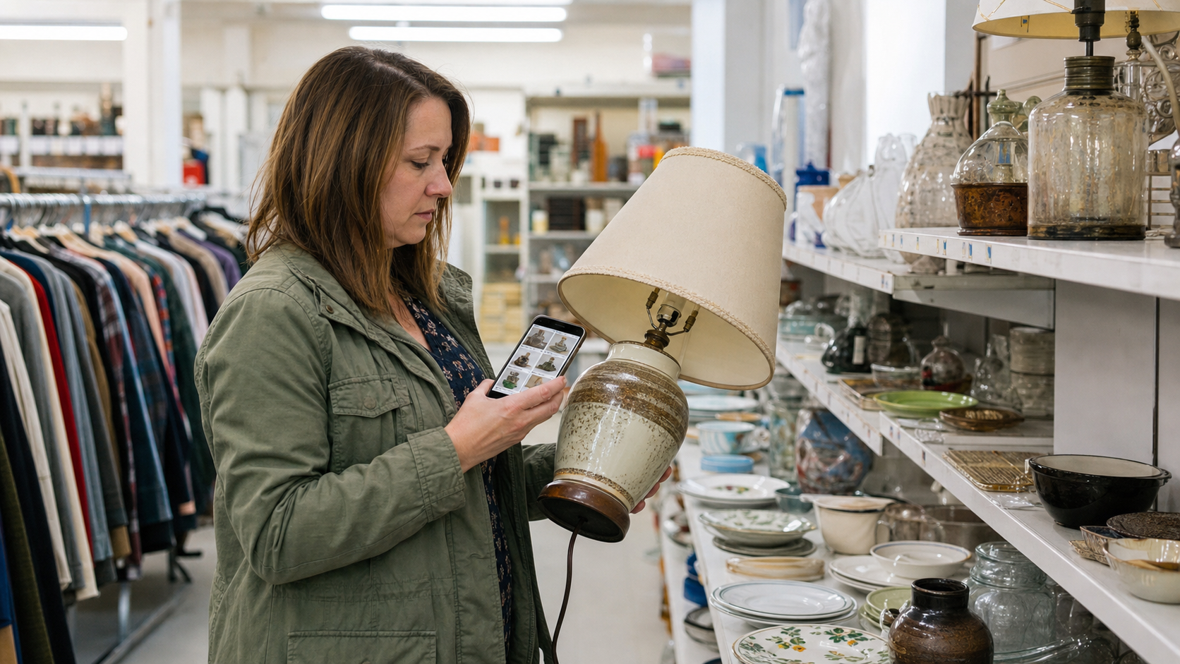 Reseller checking comparable listings for a ceramic lamp in a thrift store