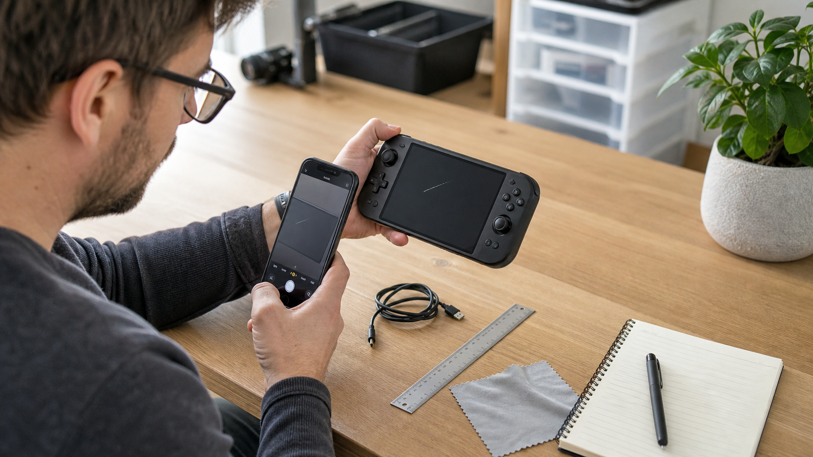 Reseller testing and photographing a used handheld game console before listing it
