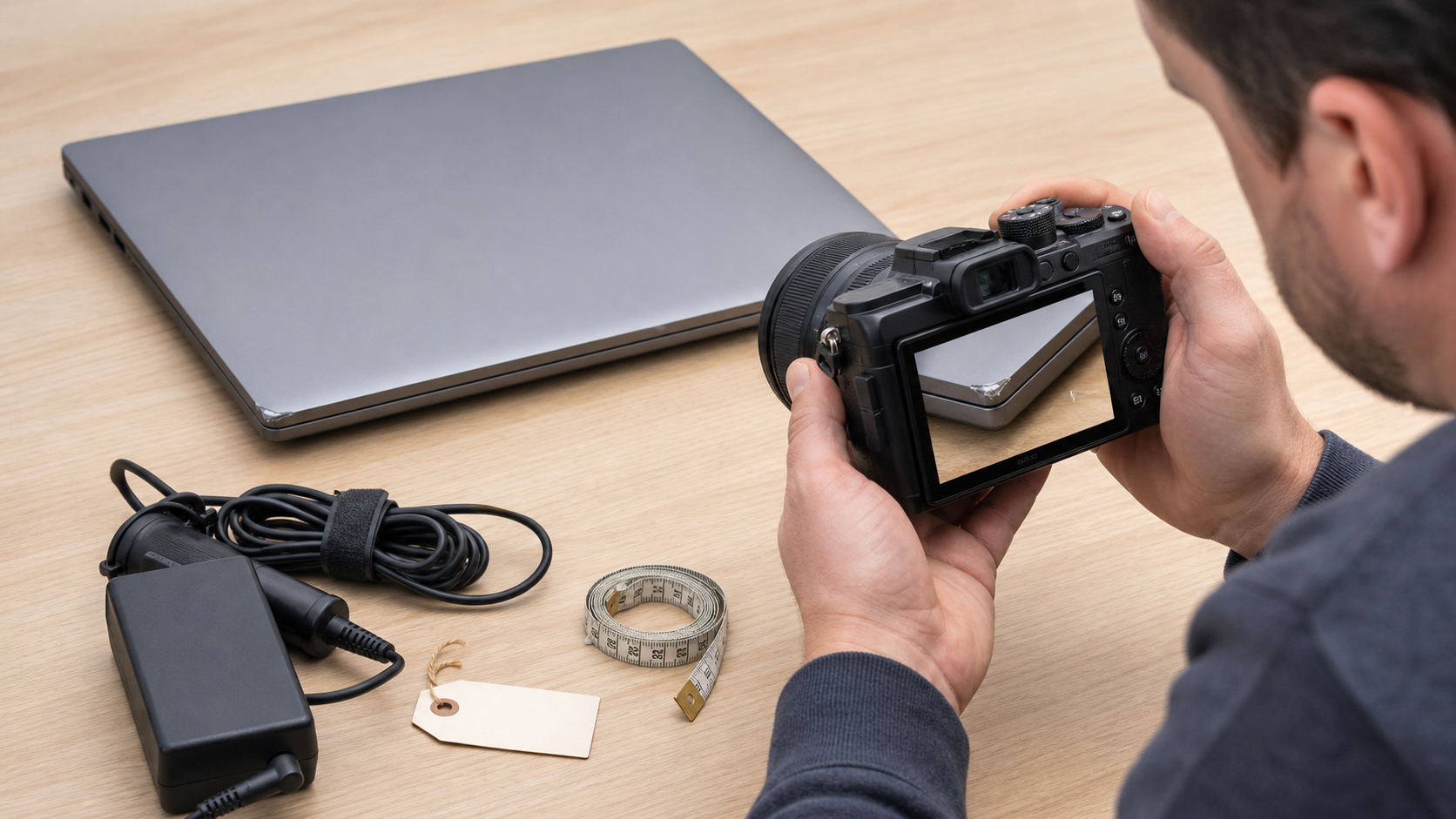 Seller photographing a minor corner scuff on a used laptop with the charger included