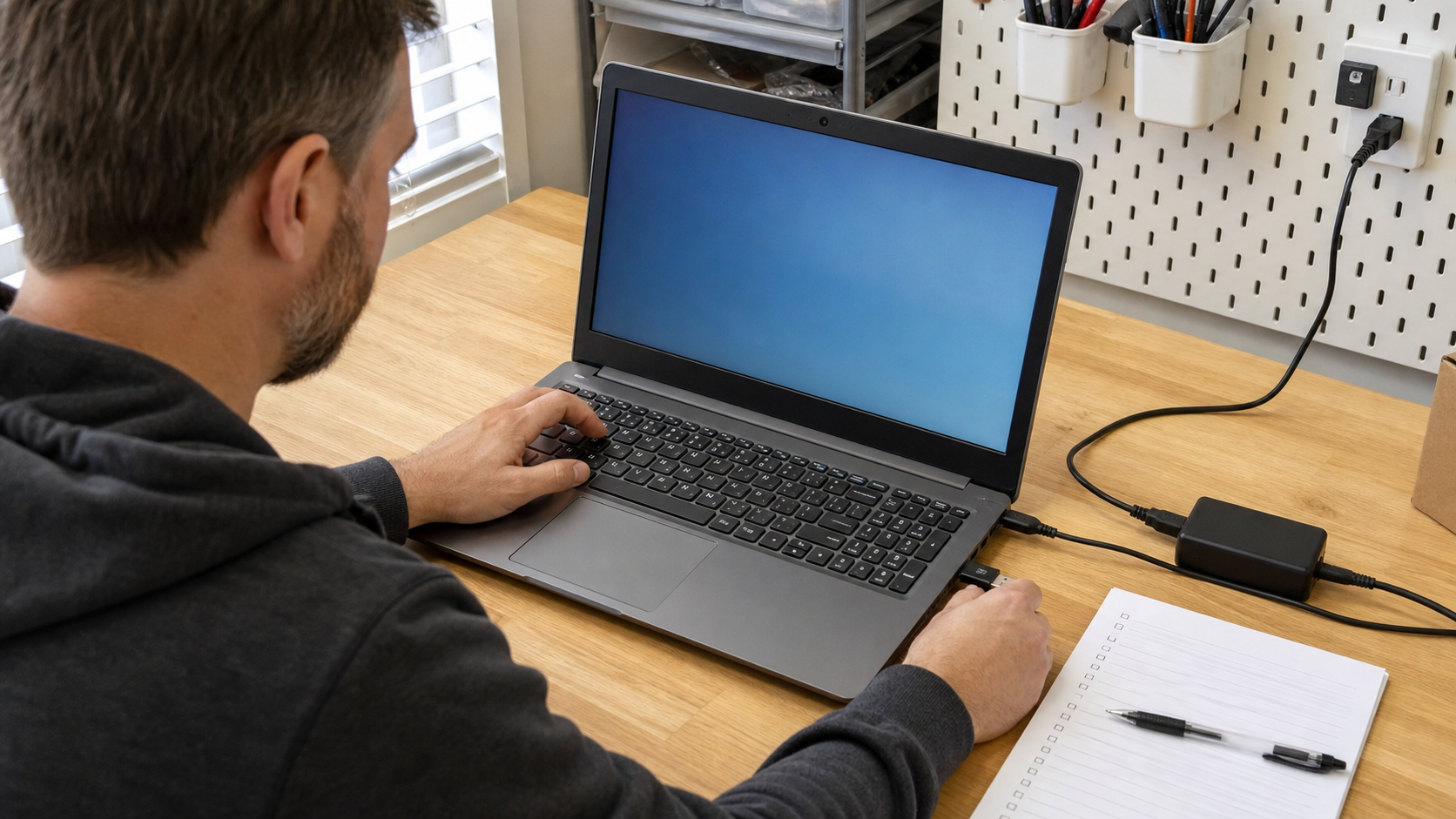 Used-electronics seller testing a laptop with its charger and inspection checklist