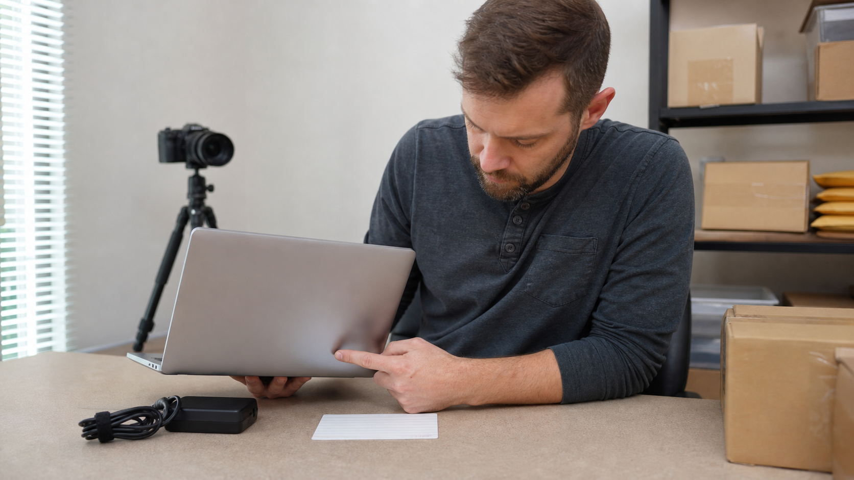 Seller inspecting the ports of a used laptop before writing an eBay listing description
