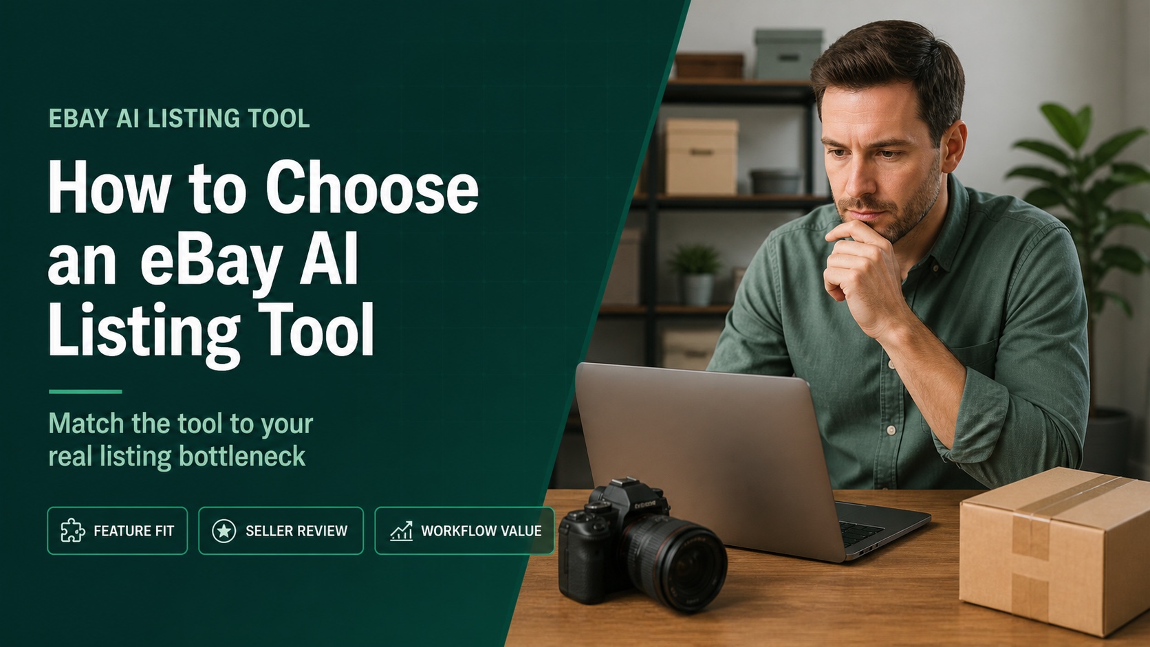 green eBay AI listing tool cover showing a seller comparing feature fit, seller review, and workflow value