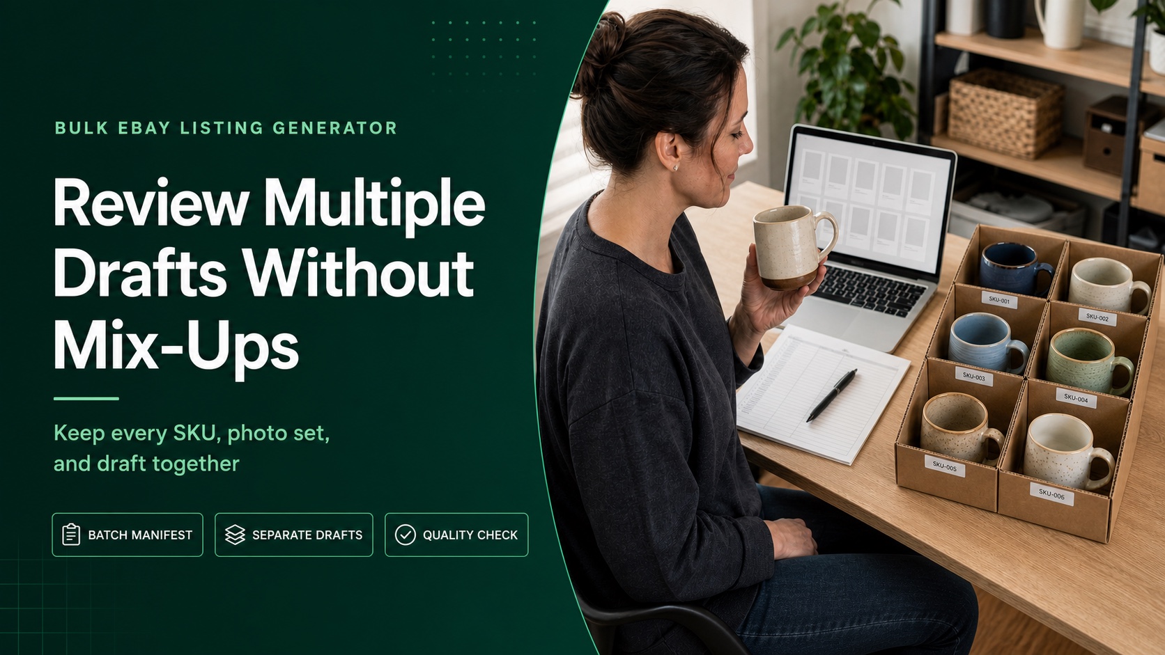 green bulk eBay listing generator cover showing six organized mug SKUs and separate draft review