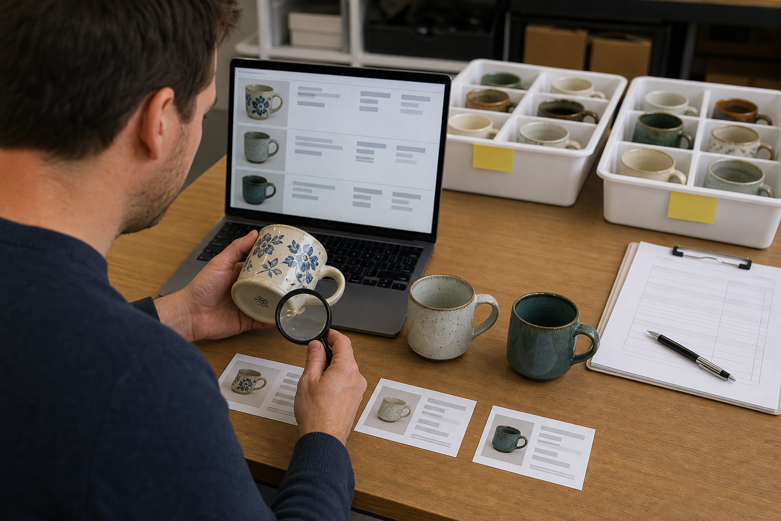 reseller matching three ceramic mugs and their photo records to separate listing drafts