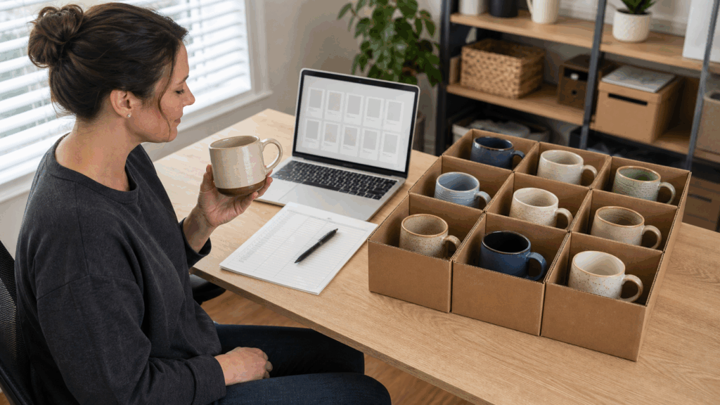 reseller organizing unique ceramic mugs into separate trays while reviewing a batch of eBay listing drafts