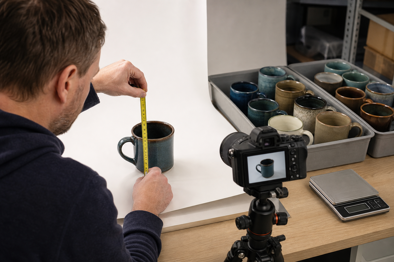 reseller photographing and measuring one ceramic mug while other mugs remain separated in trays