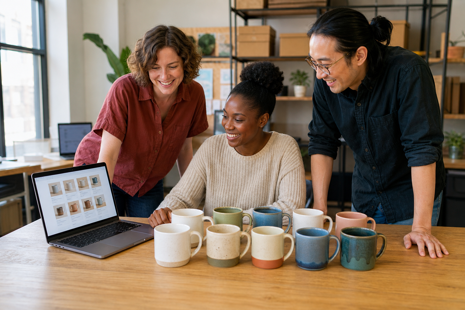 three happy resale teammates reviewing a completed batch of ceramic mug listing drafts in an office