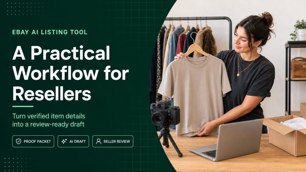 green eBay AI listing tool cover showing a reseller preparing a T-shirt proof packet and review-ready draft