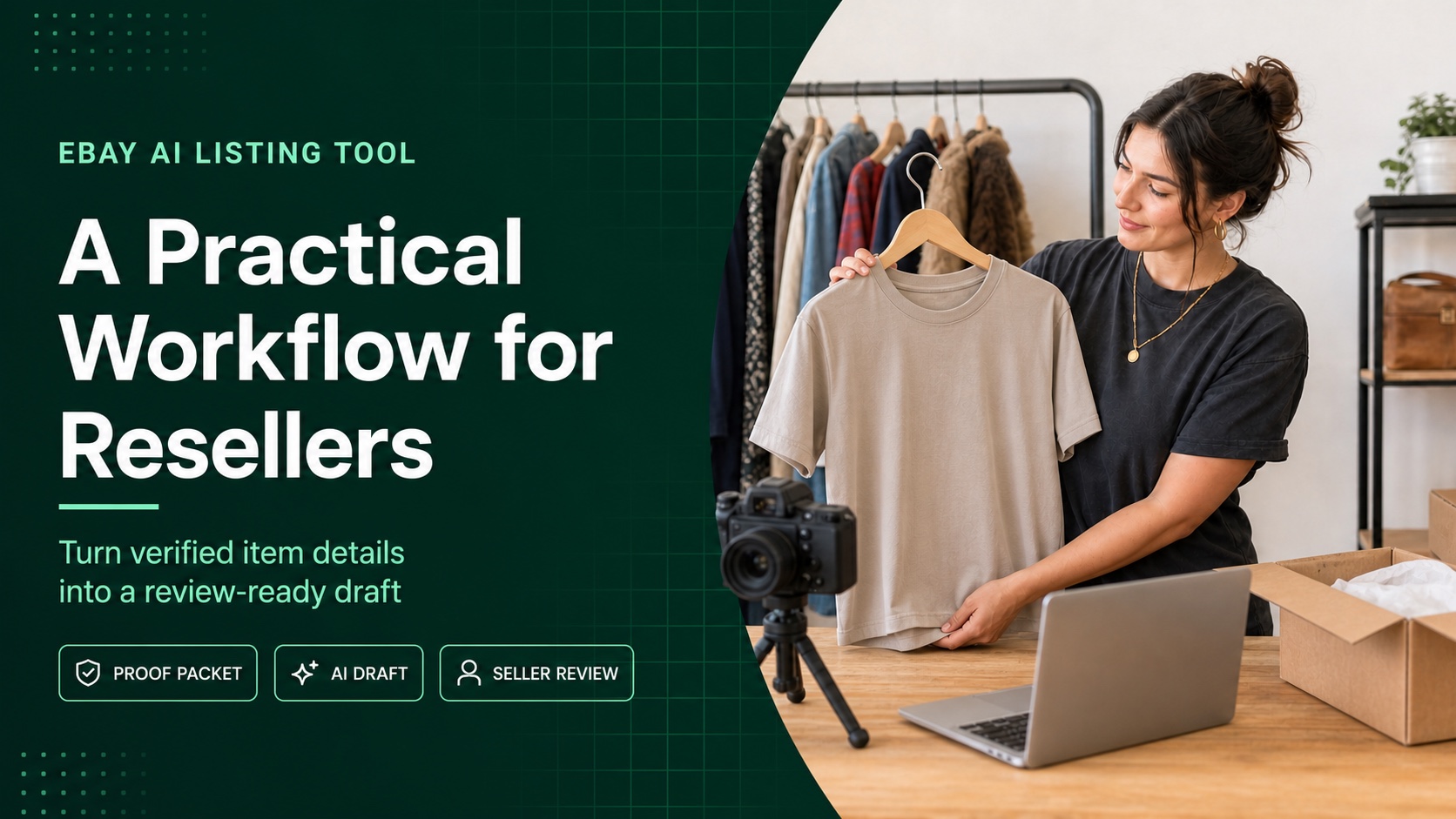 green eBay AI listing tool cover showing a reseller preparing a T-shirt proof packet and review-ready draft