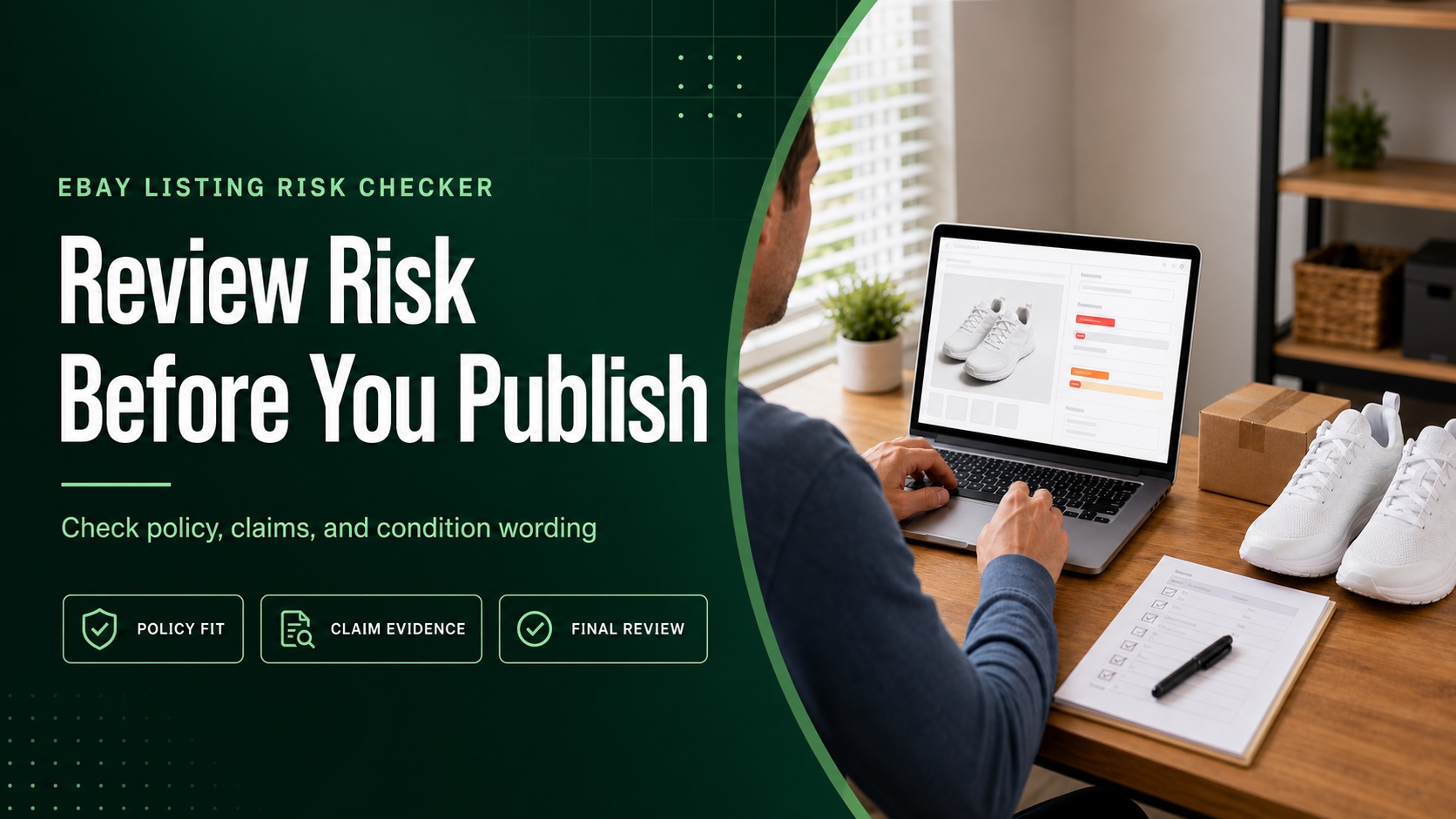 green eBay listing risk checker cover showing policy, claim-evidence, and final-review checks