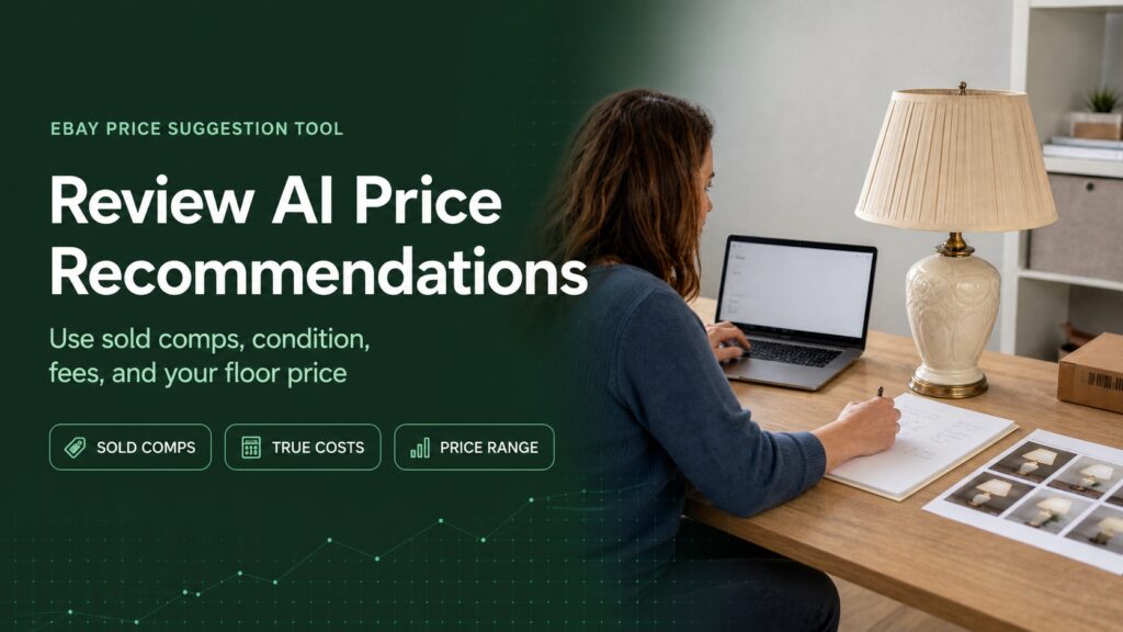green eBay price suggestion tool cover showing a seller reviewing sold comps, costs, and a price range