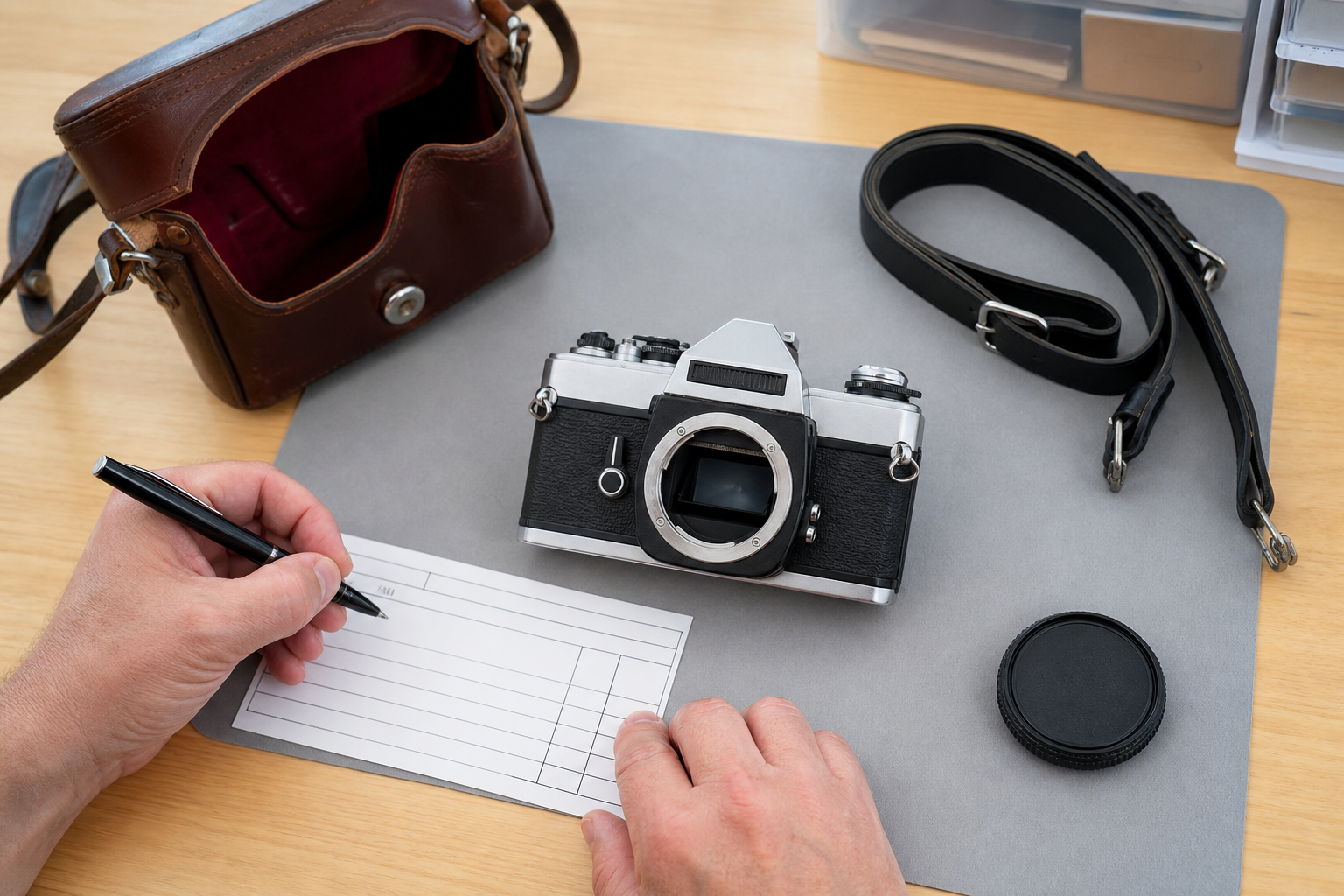 reseller documenting one vintage camera body, case, strap, and lens cap on an intake table