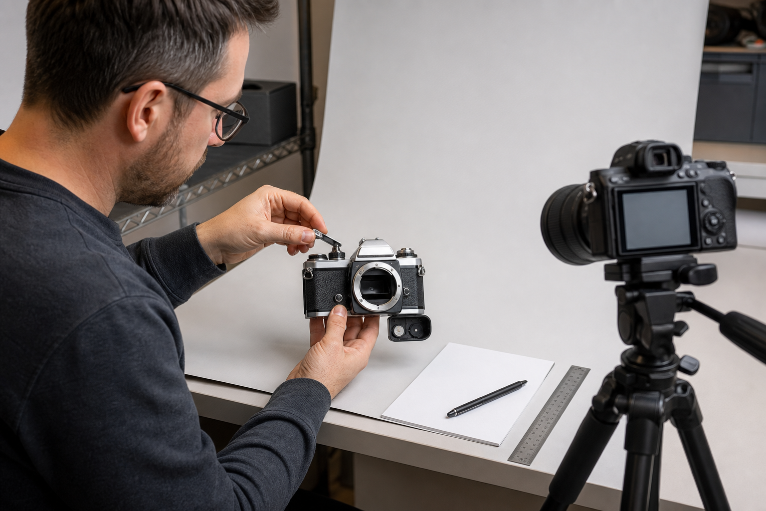 reseller testing the controls and battery compartment of one vintage film camera at a photography station