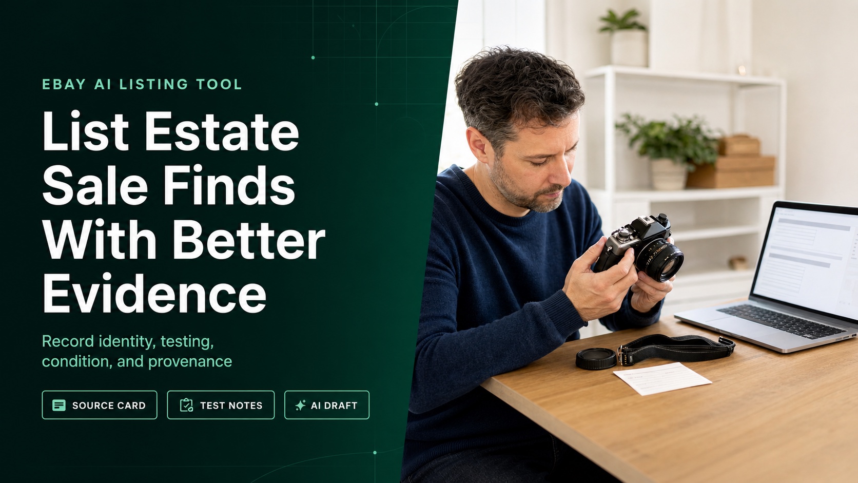 green eBay AI listing tool cover showing a reseller recording evidence for one estate-sale camera