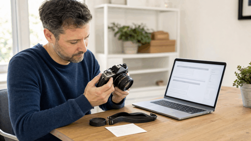 eBay reseller inspecting one vintage film camera while preparing an AI-assisted listing draft
