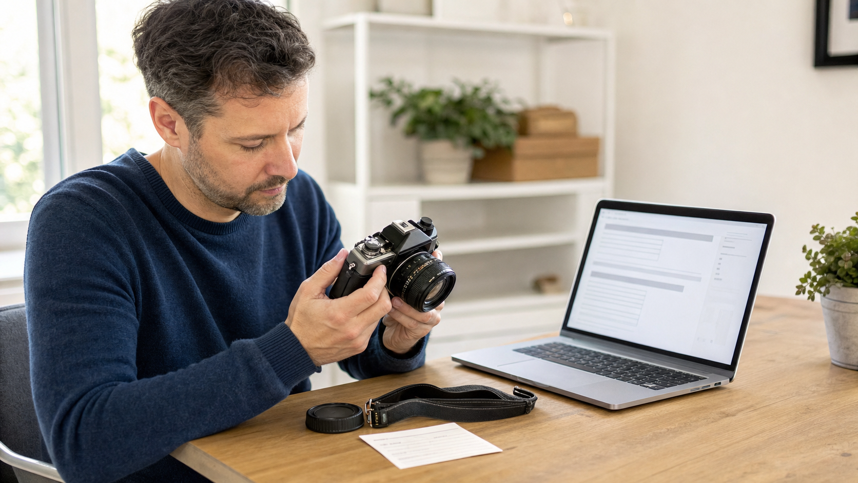 eBay reseller inspecting one vintage film camera while preparing an AI-assisted listing draft