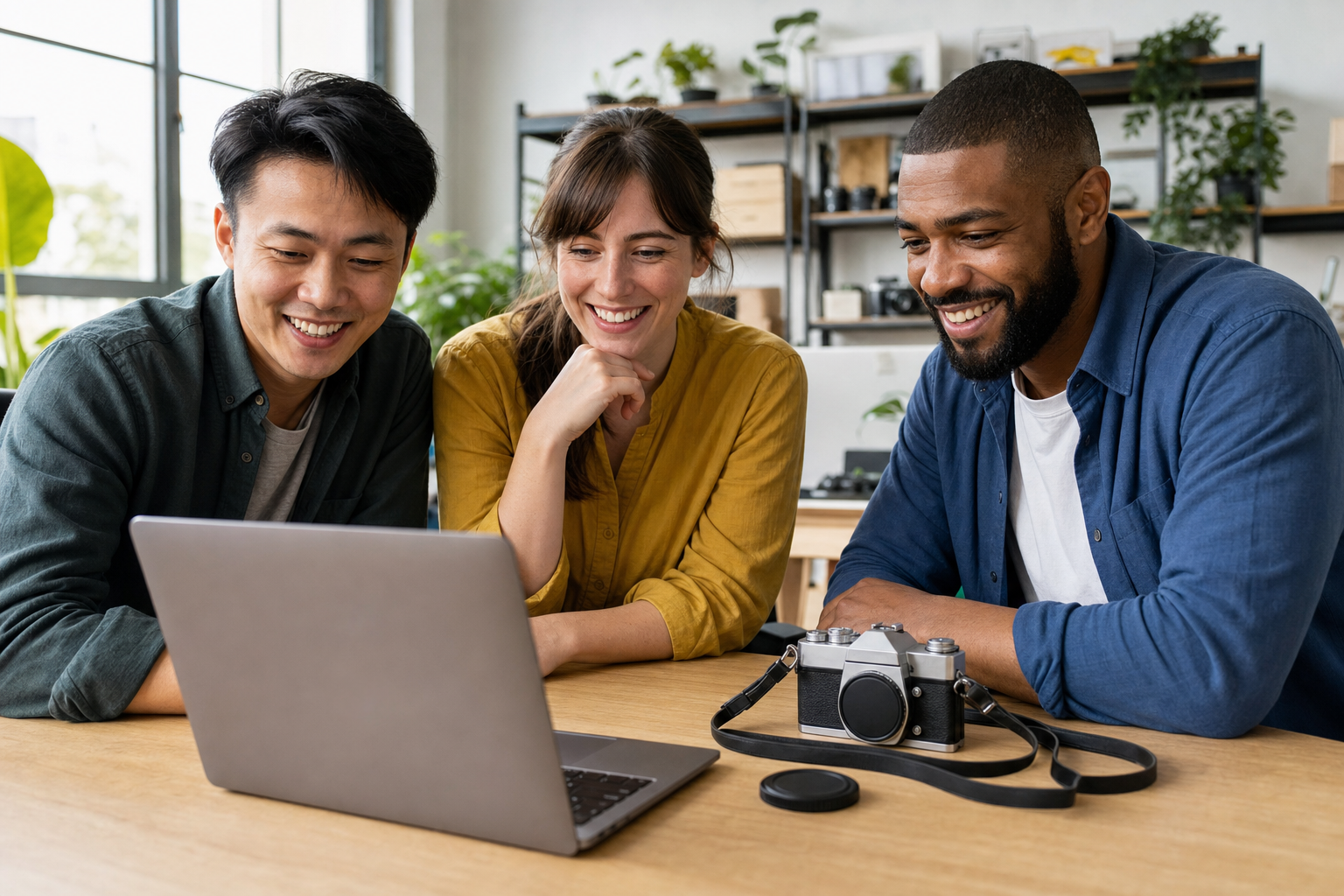 three happy resale teammates reviewing one completed vintage camera listing in an office
