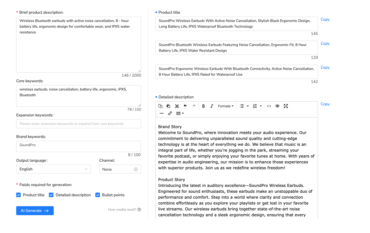 Maxmerce AI Listing Generator interface for creating editable listing titles and descriptions