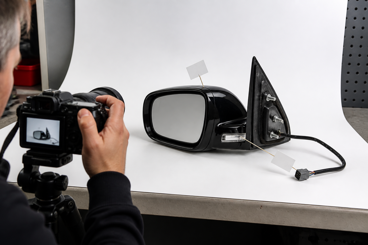 seller photographing intact glass, light housing scuffs, mounting base, studs, wiring, and connector on one used side mirror
