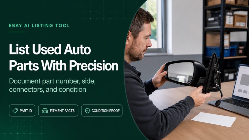 green eBay AI listing tool cover showing a seller documenting a used side-mirror assembly